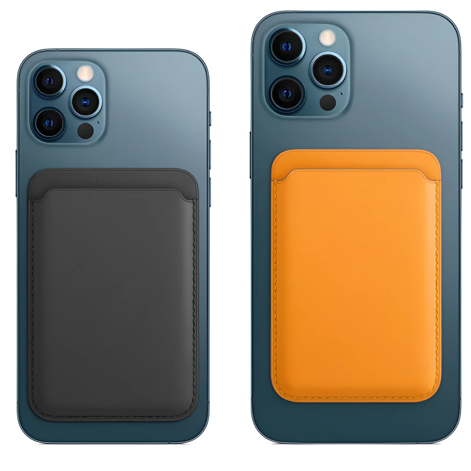 iPhone case with magnetic card holder in PU leather showing black, brown, dark blue, and orange colour options