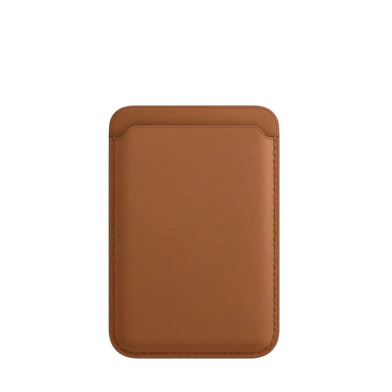 iPhone case with magnetic card holder in PU leather showing black, brown, dark blue, and orange colour options
