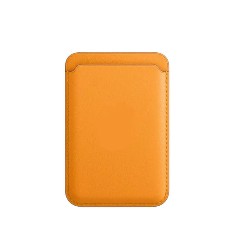 iPhone case with magnetic card holder in PU leather showing black, brown, dark blue, and orange colour options