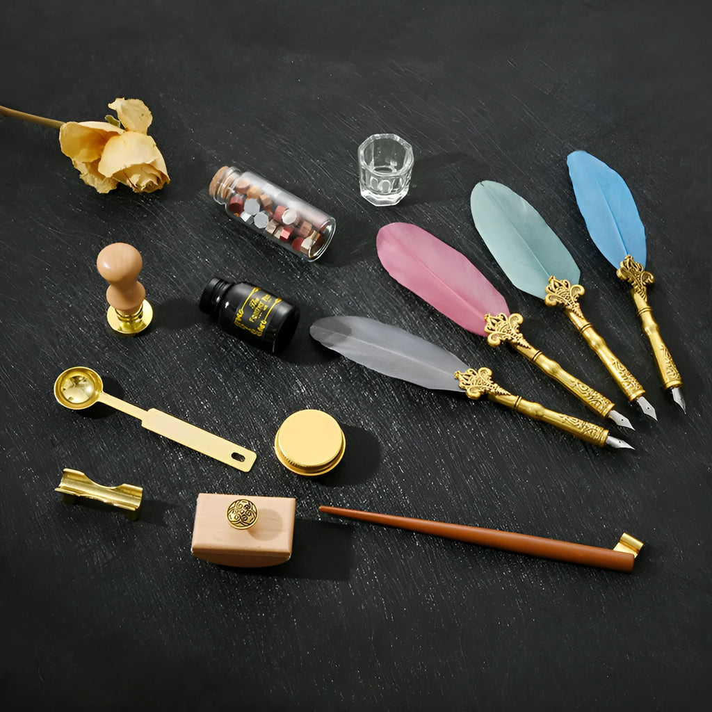 Creative dipped feather pen and solid wood pen set with ink, wax seal, and stainless steel nibs in gift box