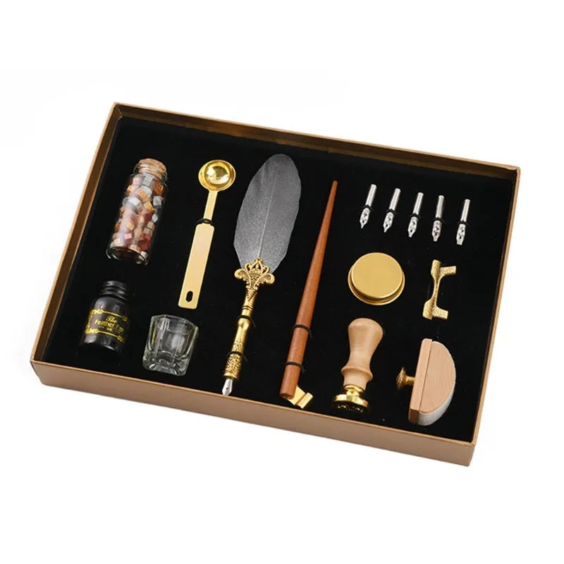 Creative dipped feather pen and solid wood pen set with ink, wax seal, and stainless steel nibs in gift box