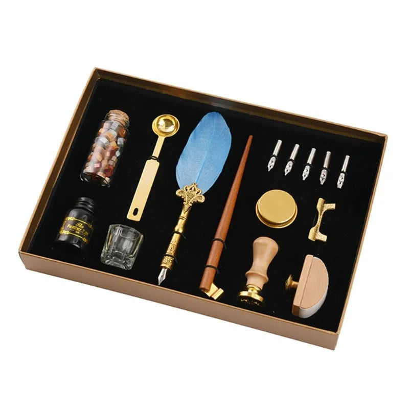 Creative dipped feather pen and solid wood pen set with ink, wax seal, and stainless steel nibs in gift box