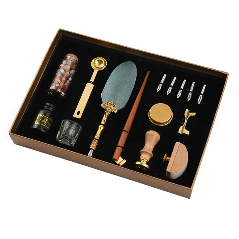 Creative dipped feather pen and solid wood pen set with ink, wax seal, and stainless steel nibs in gift box