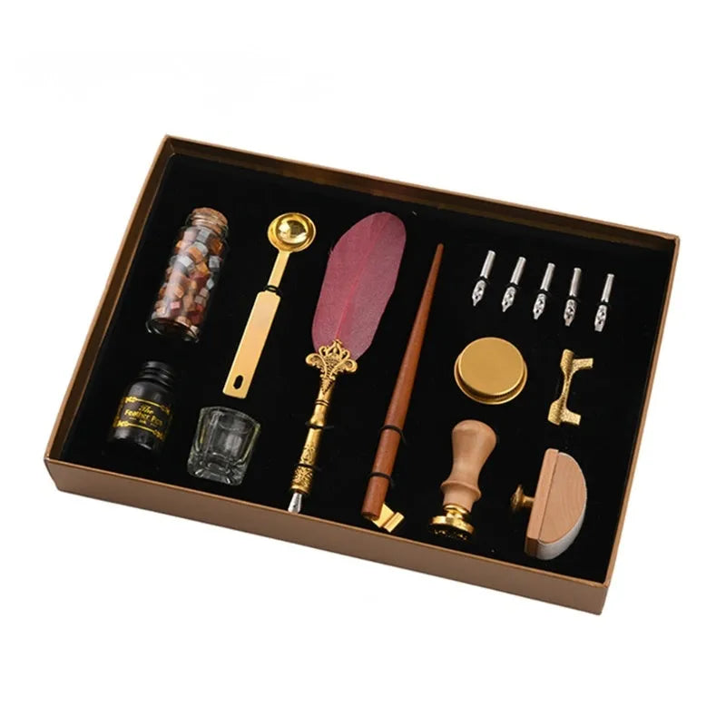 Creative dipped feather pen and solid wood pen set with ink, wax seal, and stainless steel nibs in gift box
