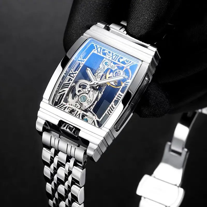 Square stainless steel manual mechanical watch with leather strap showing white dial and case