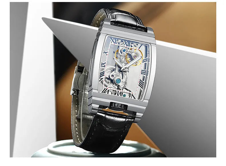 Square stainless steel manual mechanical watch with leather strap showing white dial and case