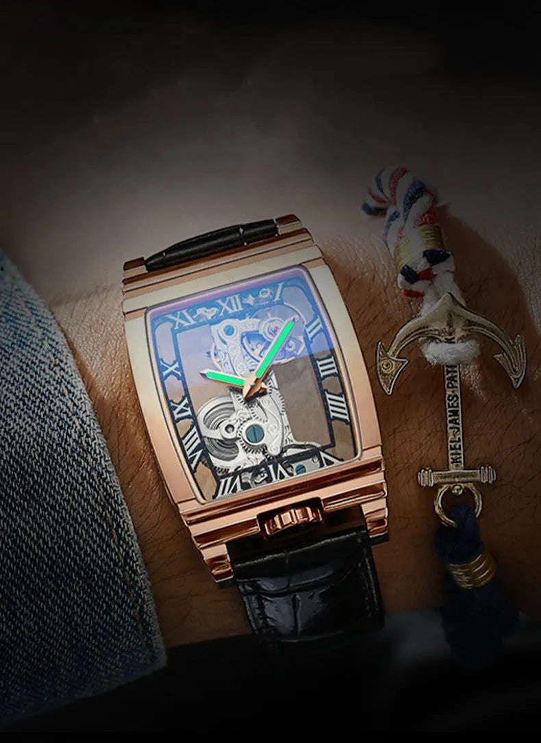 Square stainless steel manual mechanical watch with leather strap showing white dial and case