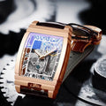 Square stainless steel manual mechanical watch with leather strap showing white dial and case