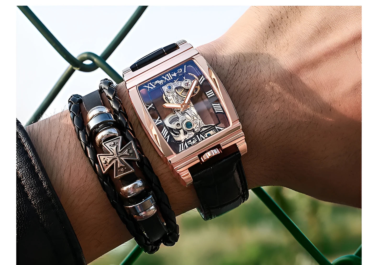 Square stainless steel manual mechanical watch with leather strap showing white dial and case