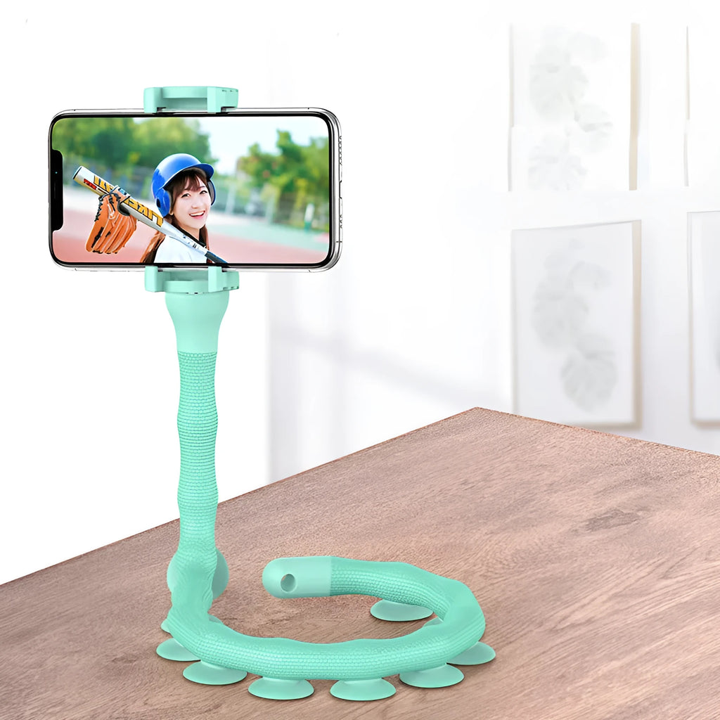 Flexible black rubber phone holder with suction cup wrapped around a bicycle handlebar, showing a phone mounted at an angle.