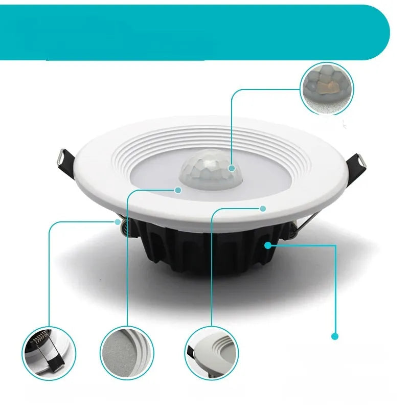 Infrared motion sensing LED down light with aluminium housing for ceiling installation