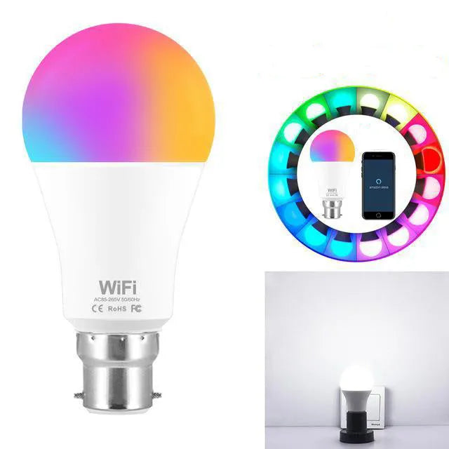 15W smart WiFi LED light bulb with RGB colour and white light options, showing E27 and B22 cap fittings.