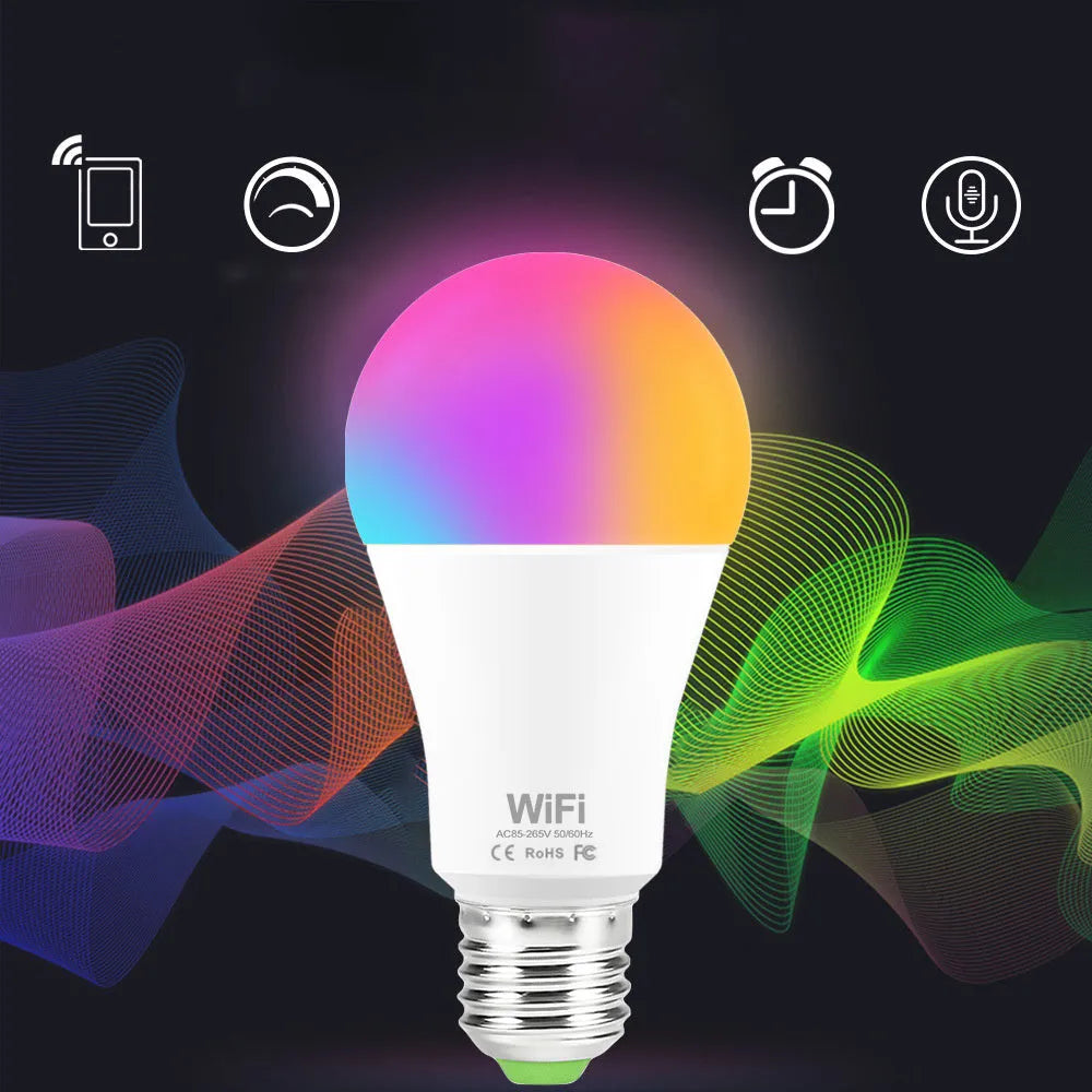 15W smart WiFi LED light bulb with RGB colour and white light options, showing E27 and B22 cap fittings.