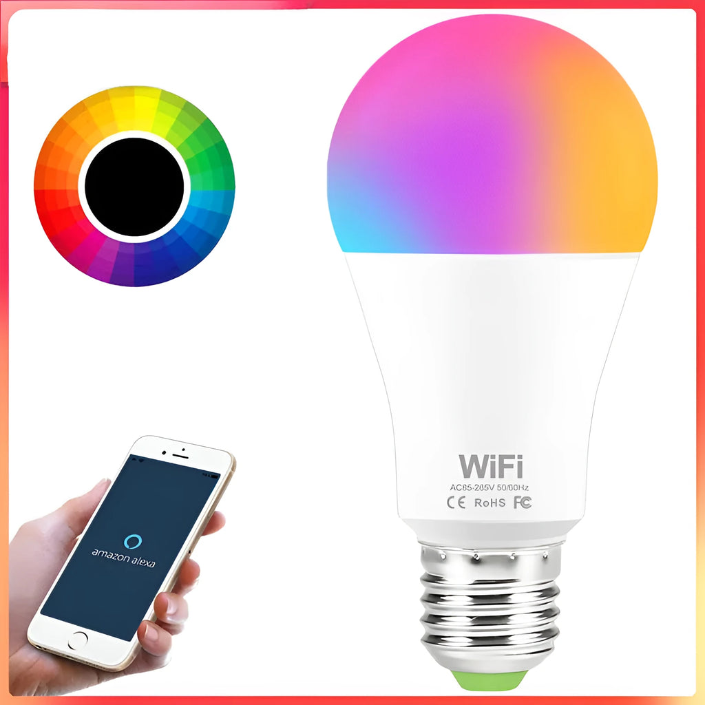15W smart WiFi LED light bulb with RGB colour and white light options, showing E27 and B22 cap fittings.