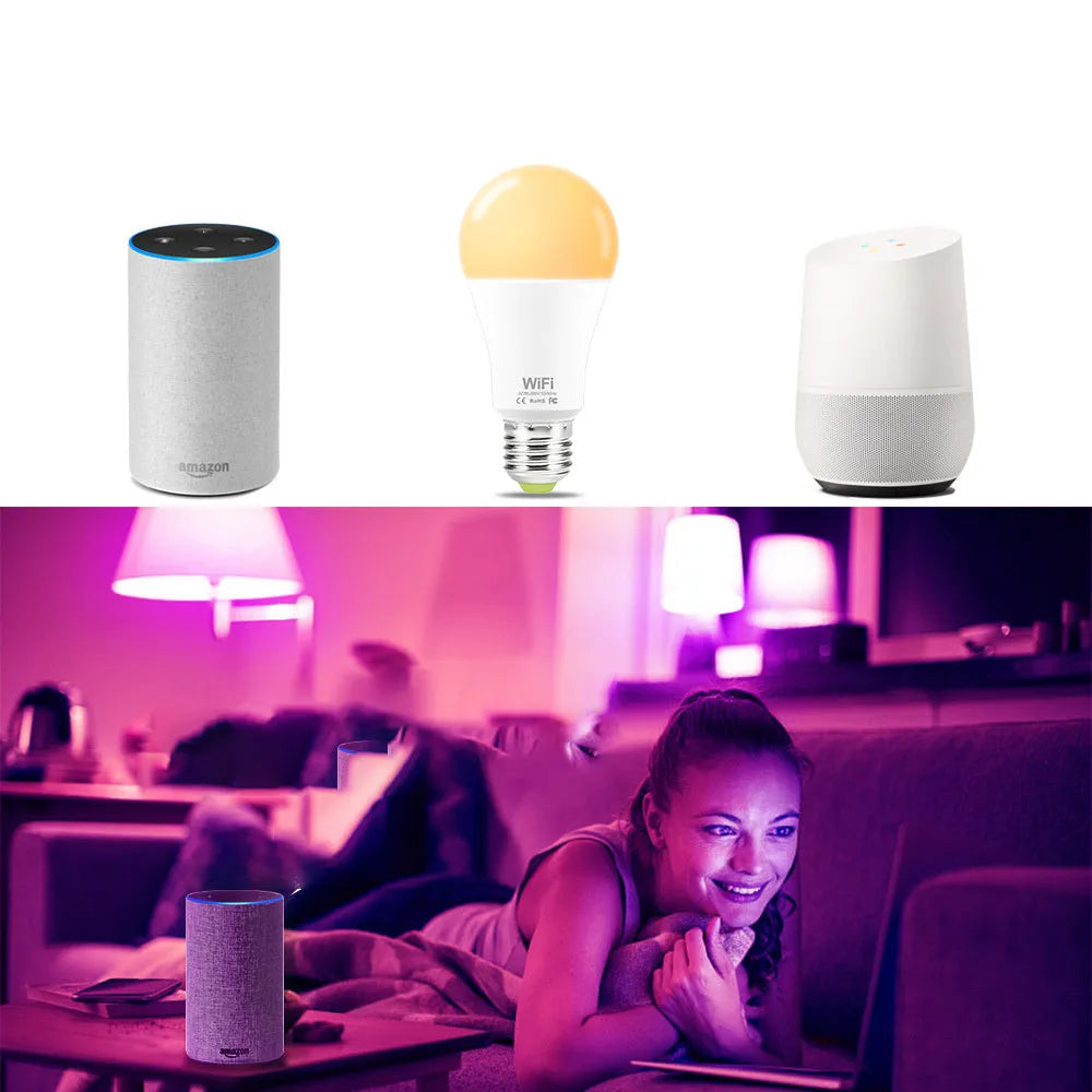 15W smart WiFi LED light bulb with RGB colour and white light options, showing E27 and B22 cap fittings.