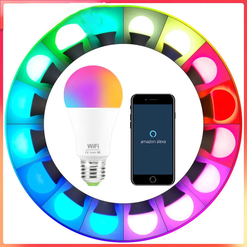 15W smart WiFi LED light bulb with RGB colour and white light options, showing E27 and B22 cap fittings.