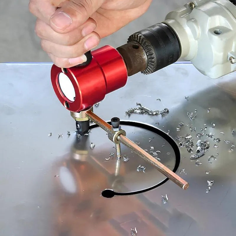 Red metal nibbler cutter tool attachment for drills with rotating head