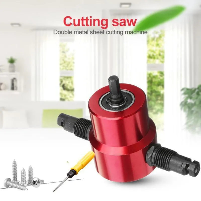 Red metal nibbler cutter tool attachment for drills with rotating head