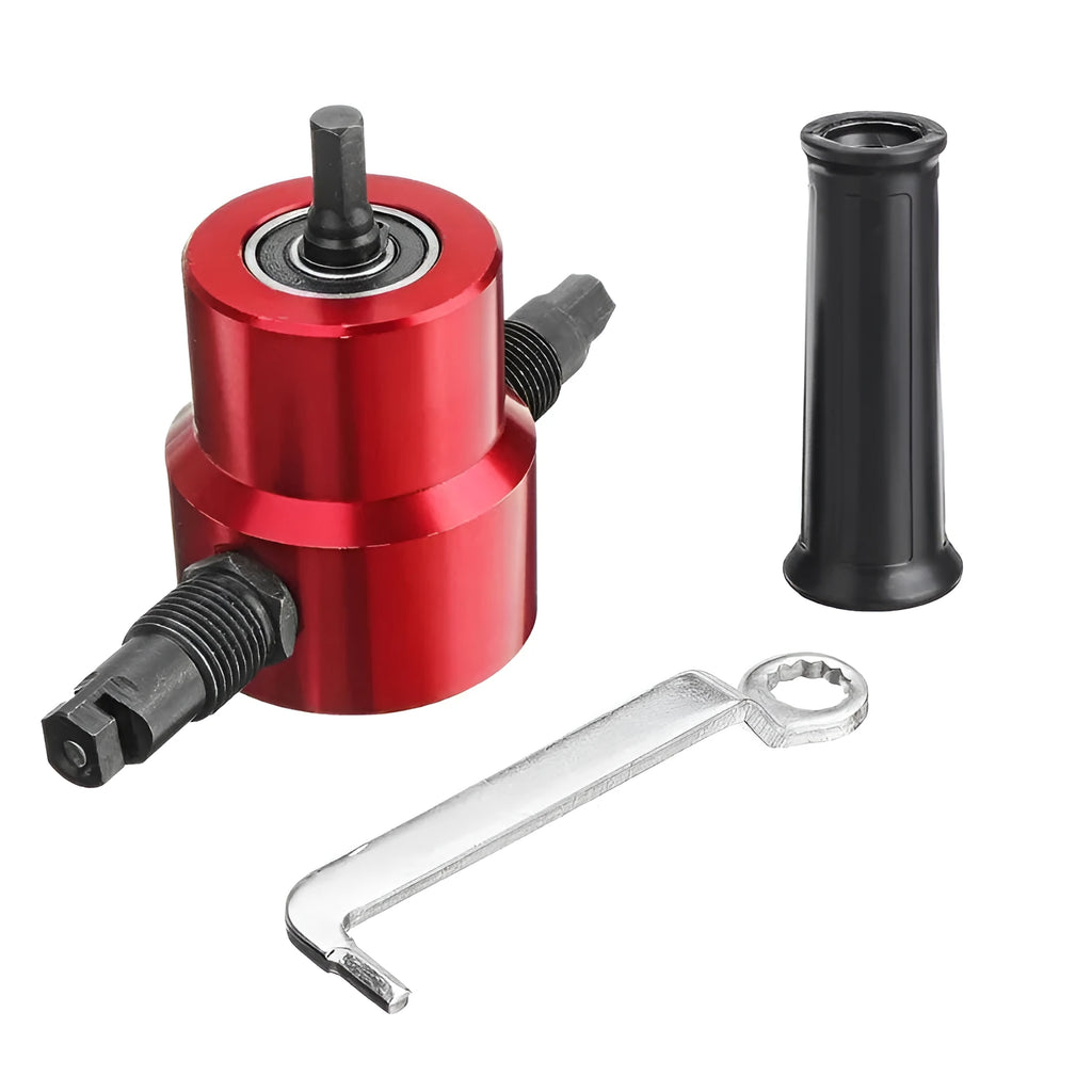 Red metal nibbler cutter tool attachment for drills with rotating head