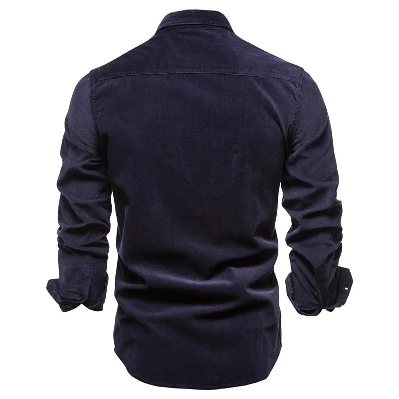 Men's long sleeve linen casual shirt on a hanger, available in multiple colours including denim blue and army green.
