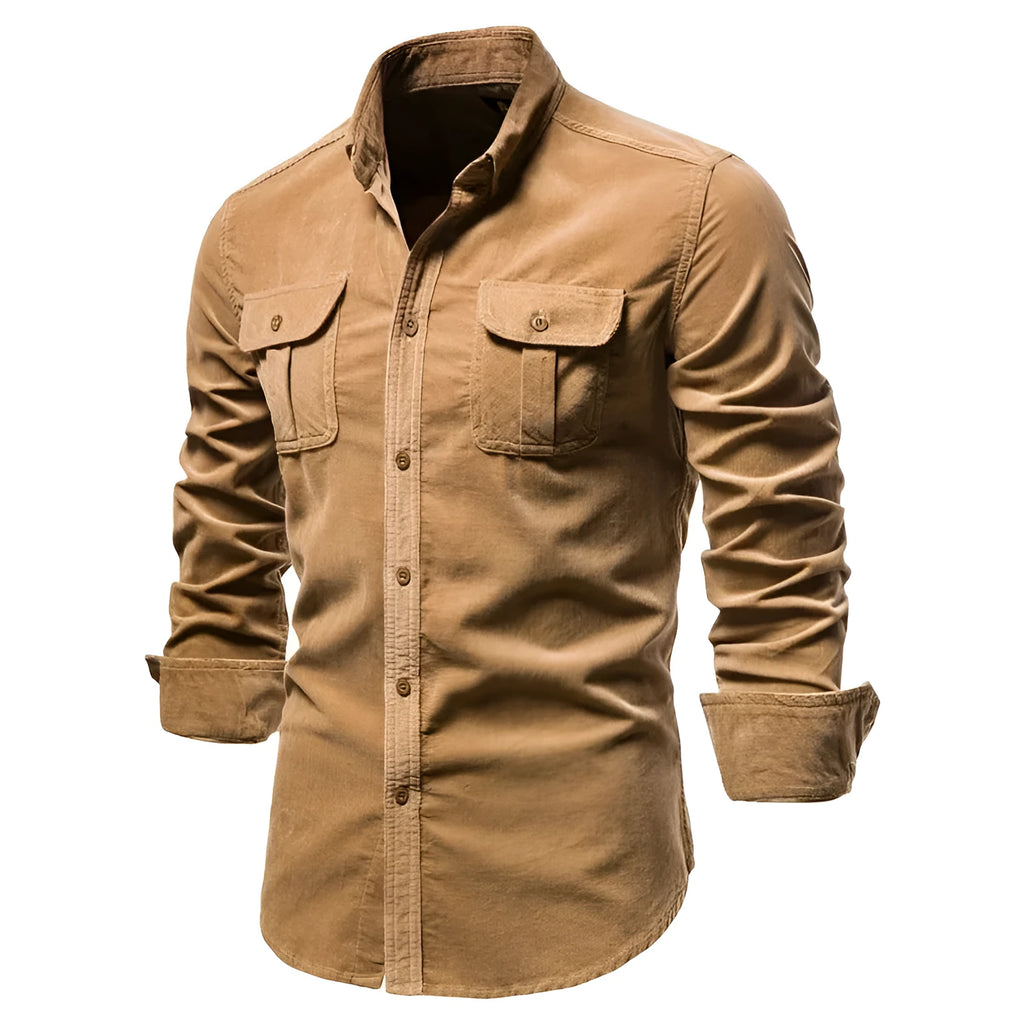 Men's long sleeve linen casual shirt on a hanger, available in multiple colours including denim blue and army green.
