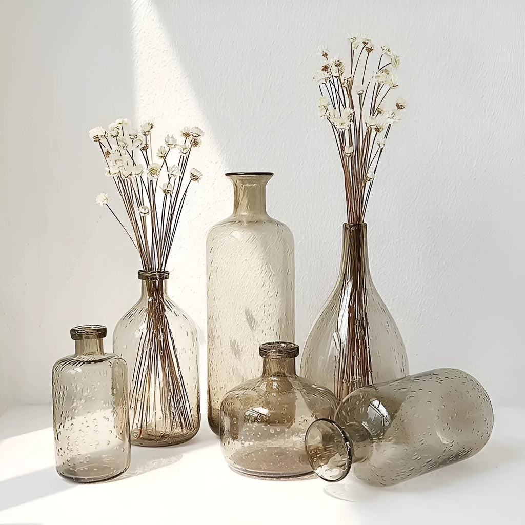 Grey geometric bubble glass vase with stained glass construction and textured surface