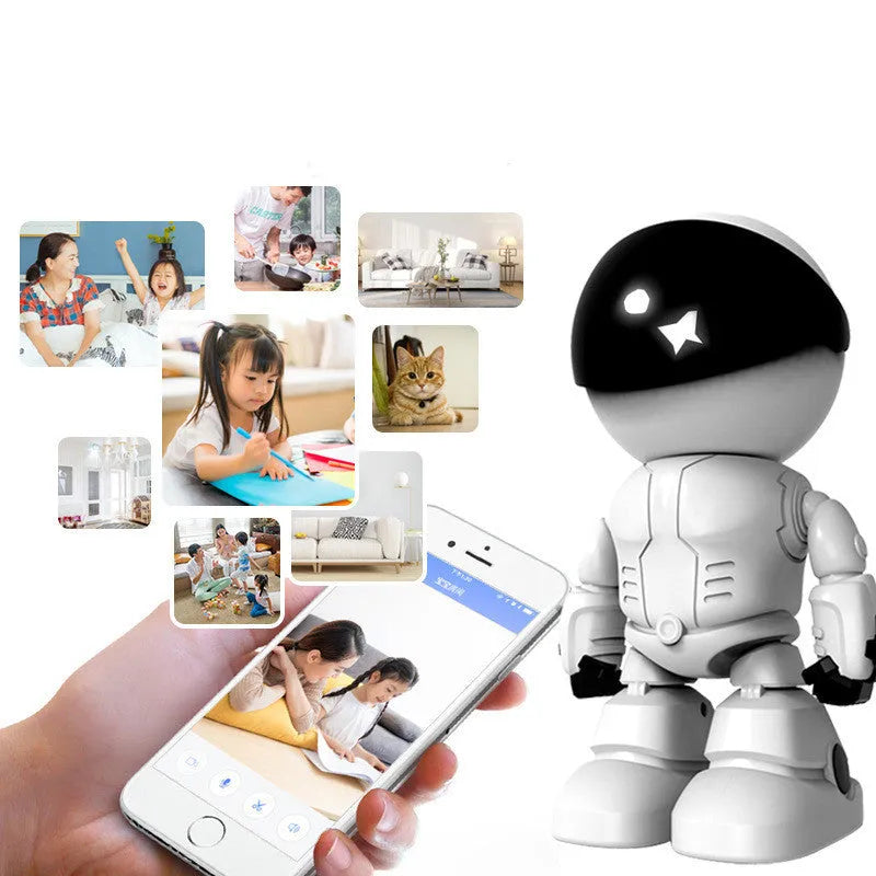 Silver plastic remote HD night vision robot security camera with wide-angle lens and PTZ rotation