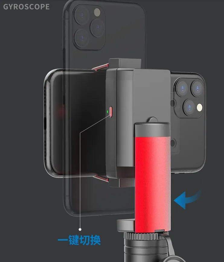 Black aluminium self timer tripod with extended legs and iPhone mounted in adjustable clamp