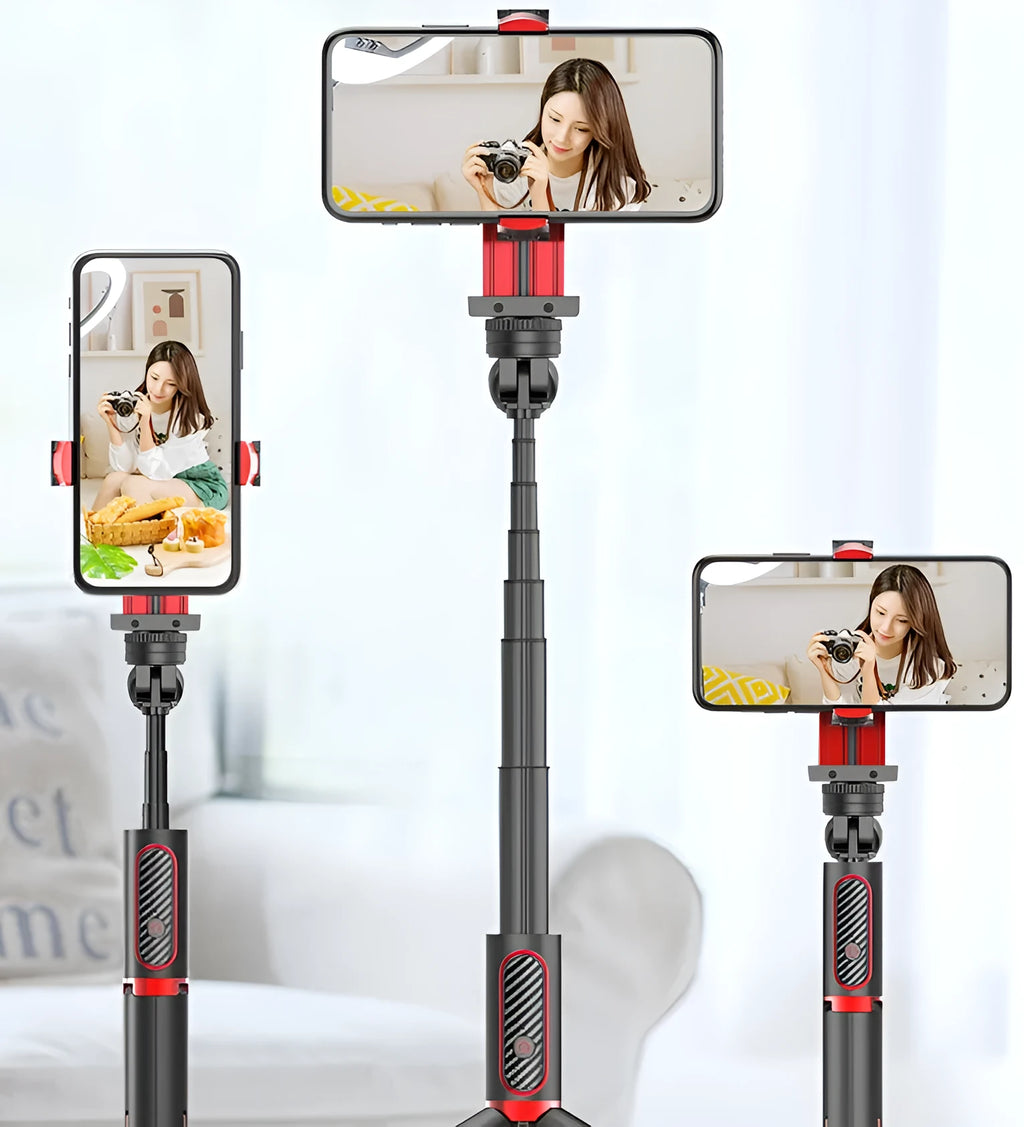 Black aluminium self timer tripod with extended legs and iPhone mounted in adjustable clamp