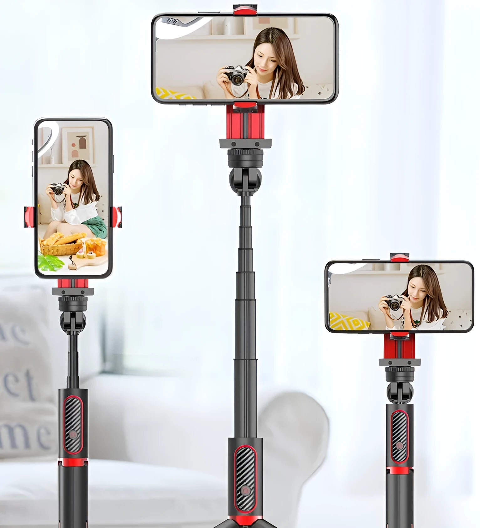 Black aluminium self timer tripod with extended legs and iPhone mounted in adjustable clamp