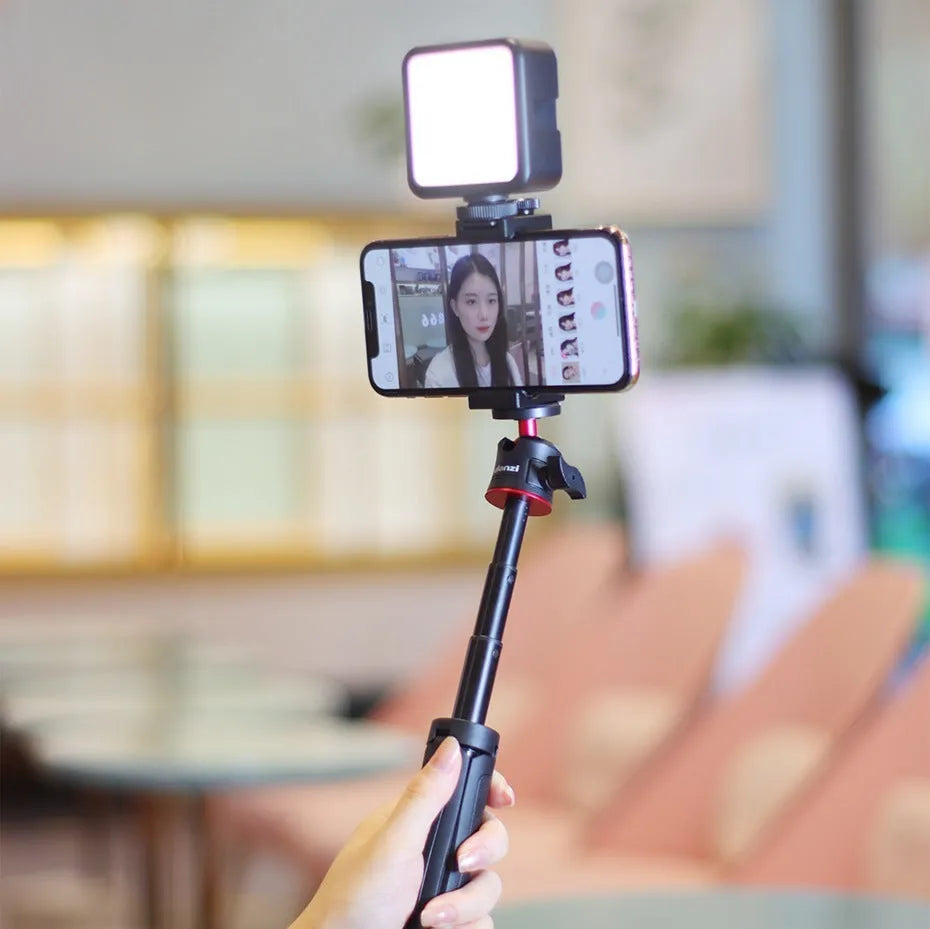 Combo 8 vlog bracket set showing phone stand and selfie stick with fill light bracket