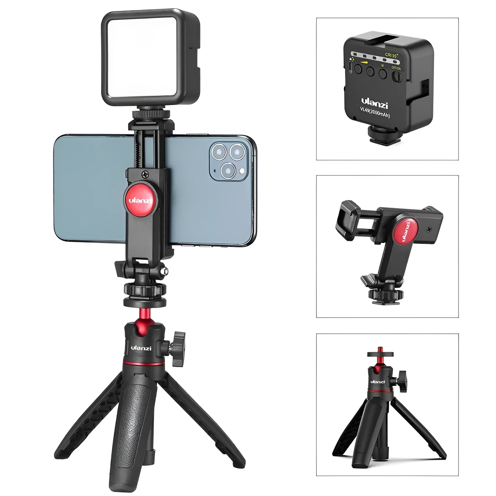 Combo 8 vlog bracket set showing phone stand and selfie stick with fill light bracket