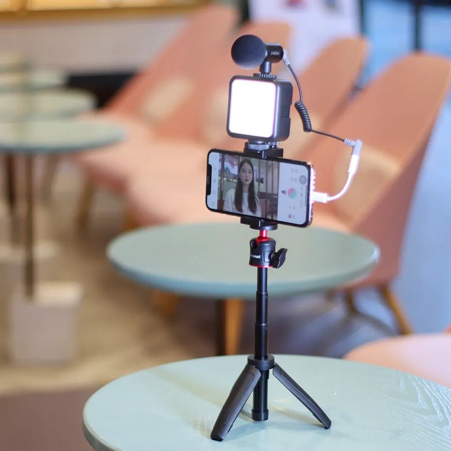 Combo 8 vlog bracket set showing phone stand and selfie stick with fill light bracket