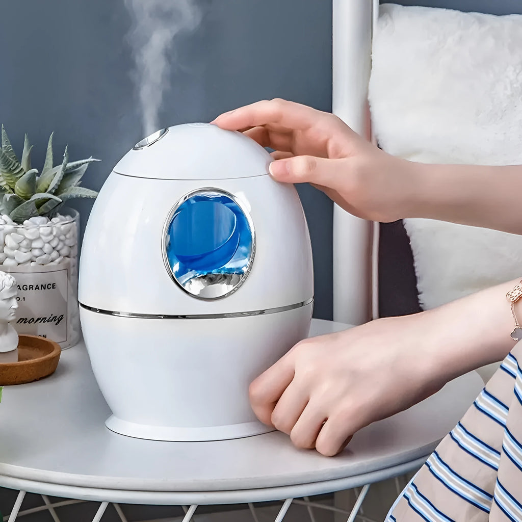 White round aromatherapy mist humidifier with USB cable and 800ml water tank capacity