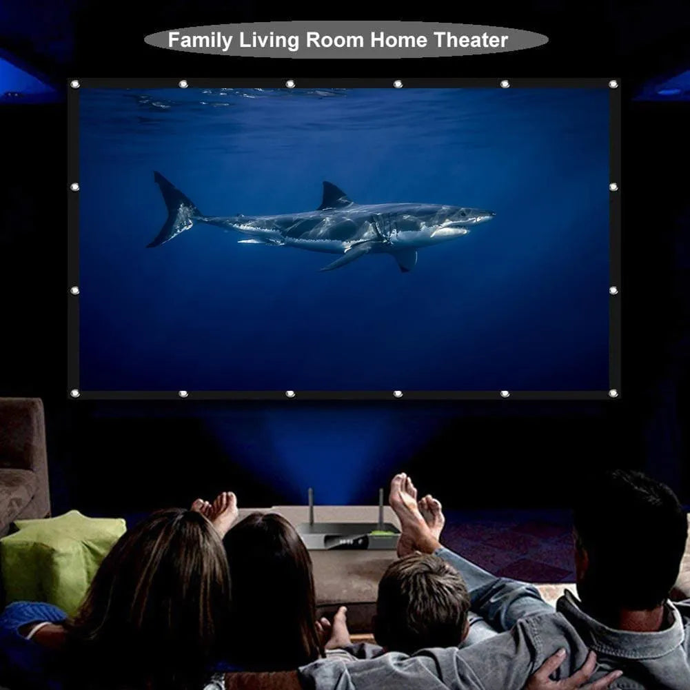 150-inch white polyester folding projector screen shown in use with projected image