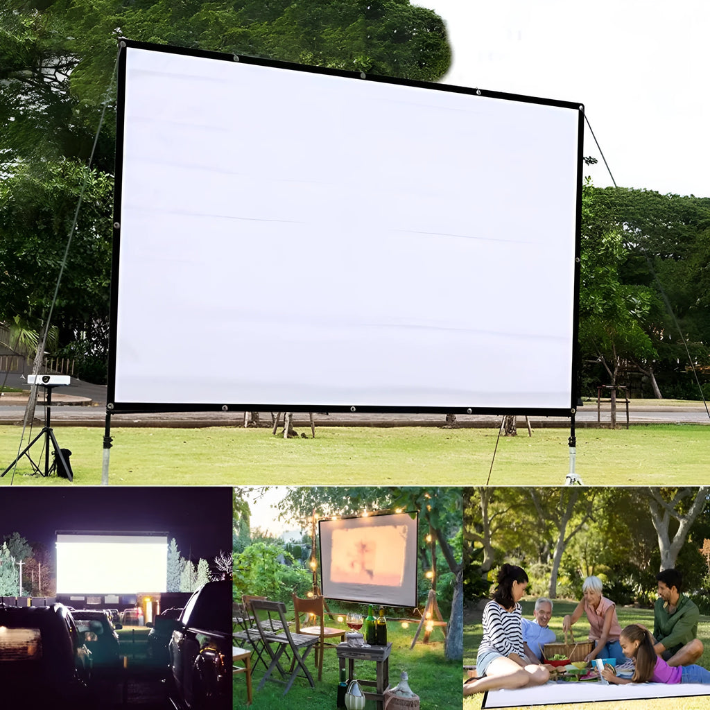 150-inch white polyester folding projector screen shown in use with projected image