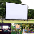 150-inch white polyester folding projector screen shown in use with projected image