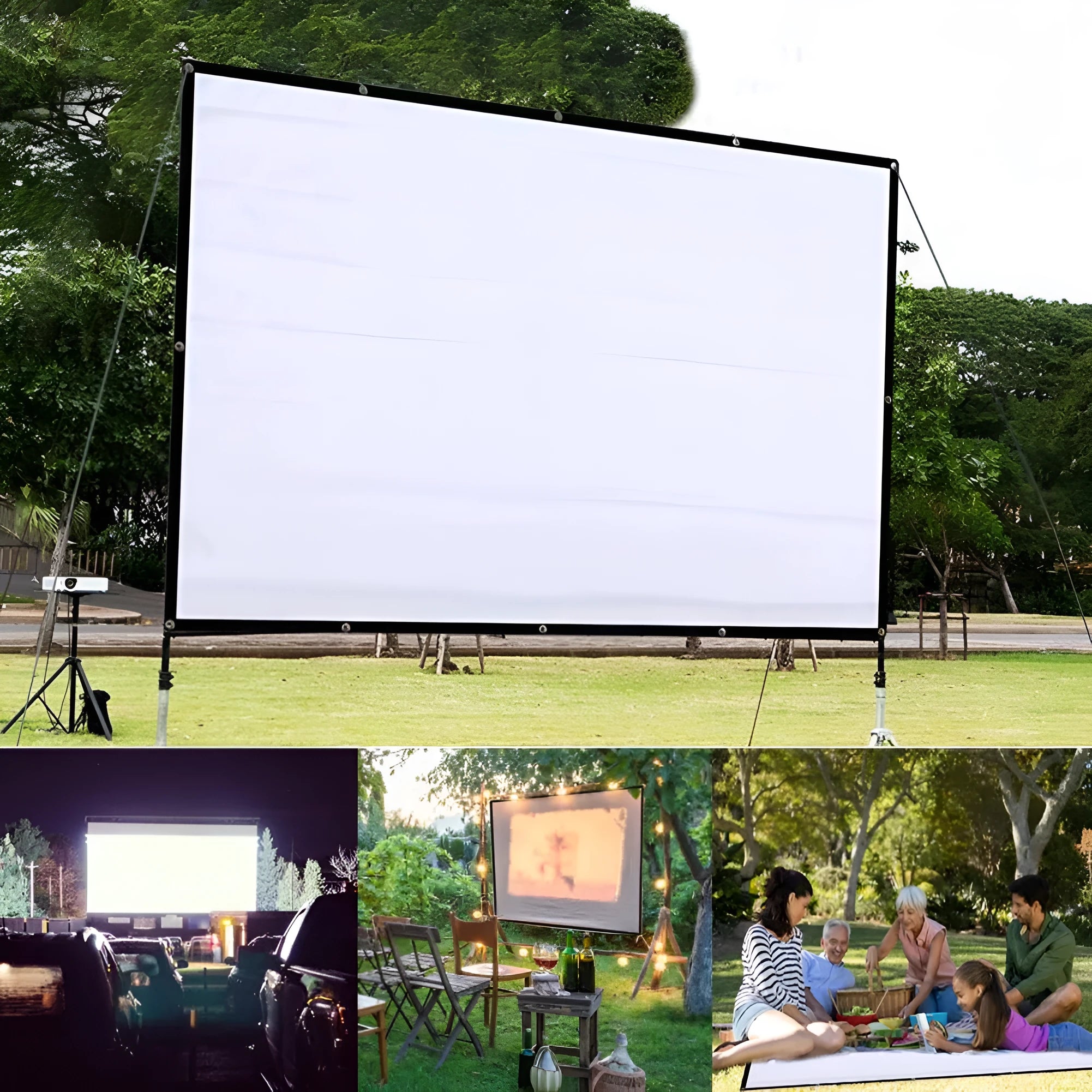 150-inch white polyester folding projector screen shown in use with projected image