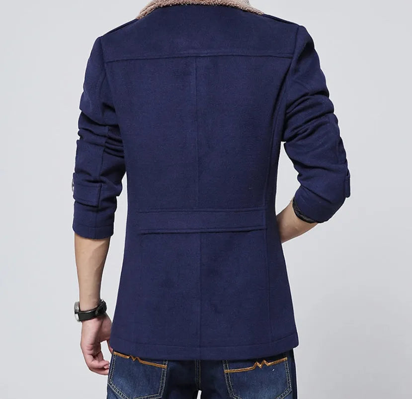 Men's slim-fit velvet woolen coat with stand-up collar, medium length, available in dark blue