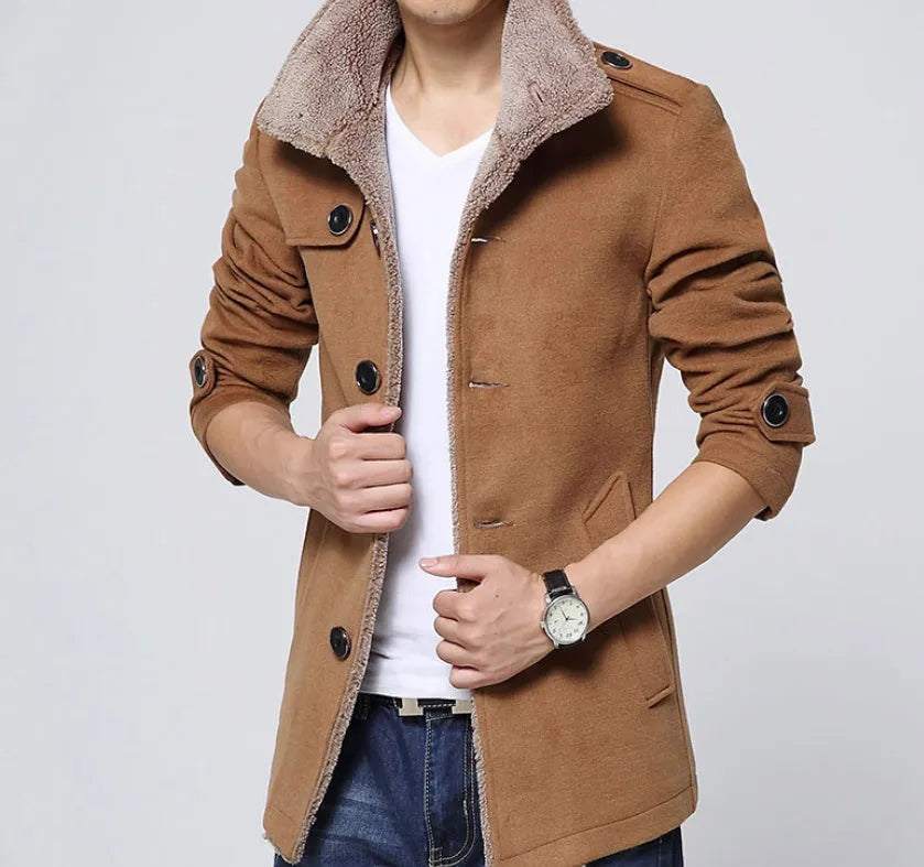Men's slim-fit velvet woolen coat with stand-up collar, medium length, available in dark blue