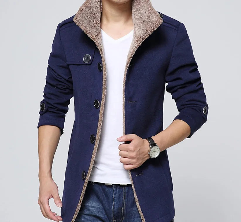 Men's slim-fit velvet woolen coat with stand-up collar, medium length, available in dark blue