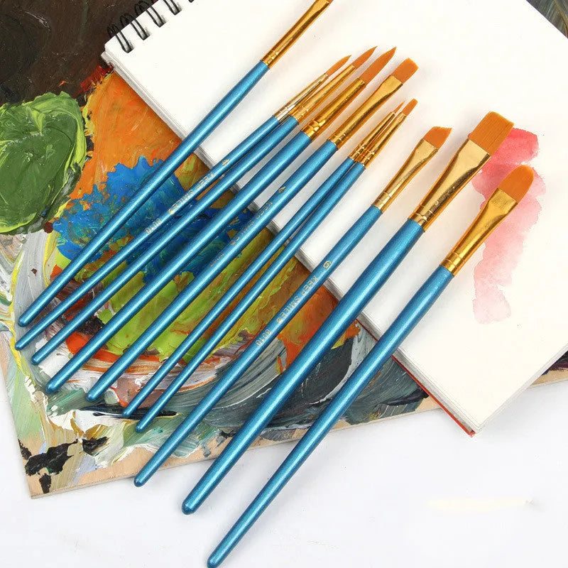 Blue-handled round head gouache brush set of 10 pieces on a white background