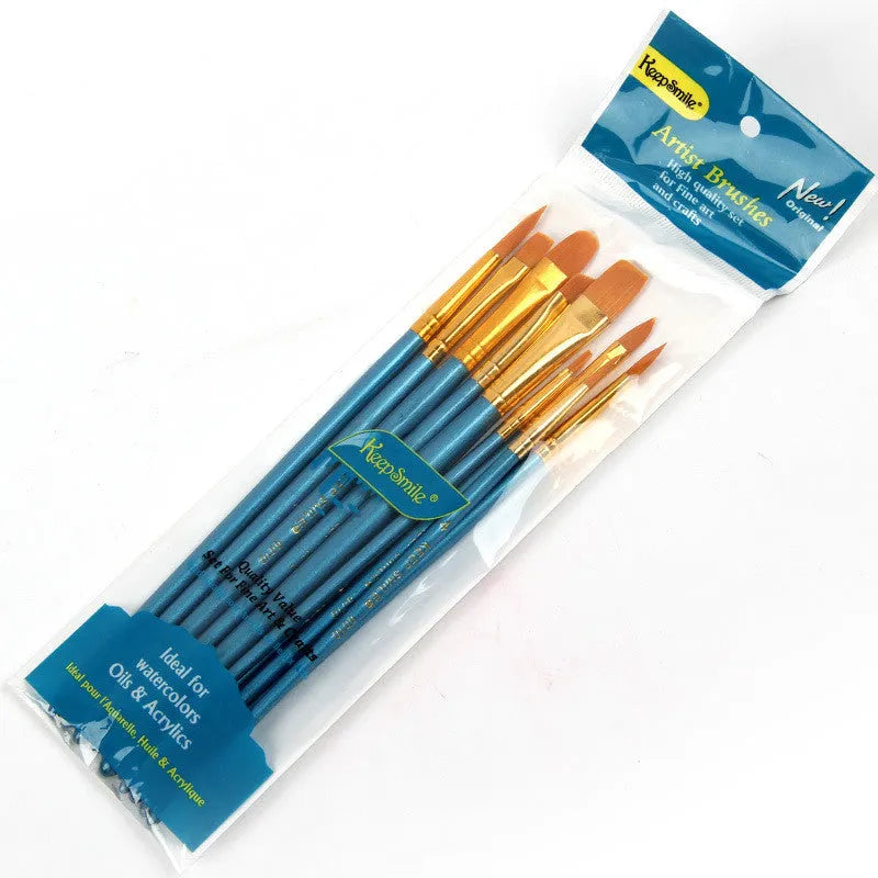 Blue-handled round head gouache brush set of 10 pieces on a white background