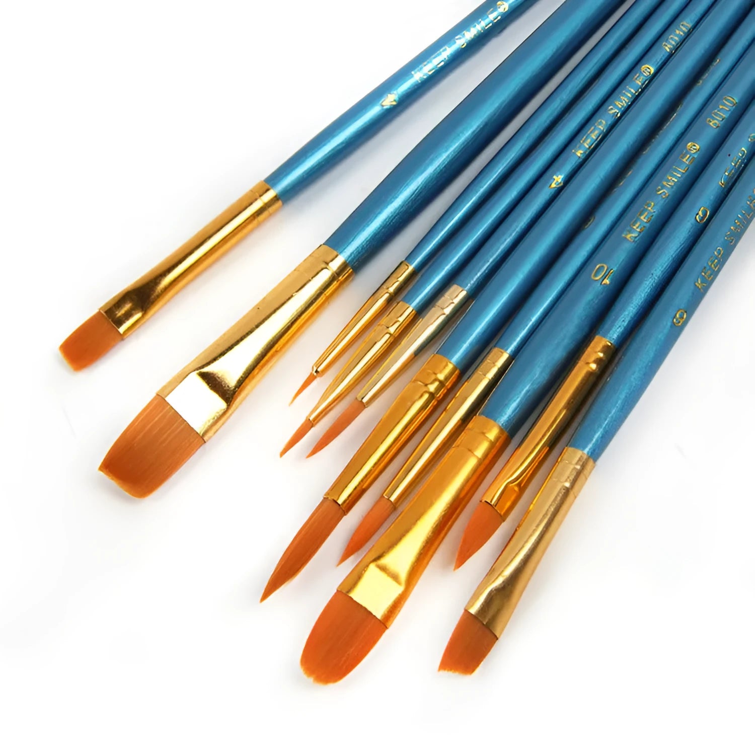 Blue-handled round head gouache brush set of 10 pieces on a white background