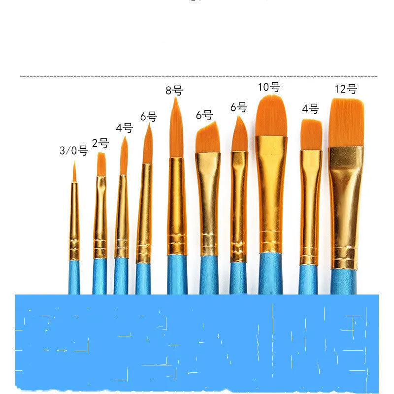 Blue-handled round head gouache brush set of 10 pieces on a white background