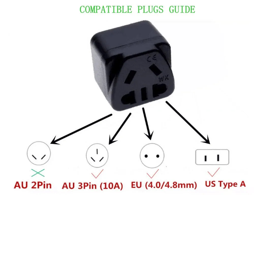 Square three plug international power adapter with five output ports in black or white colour