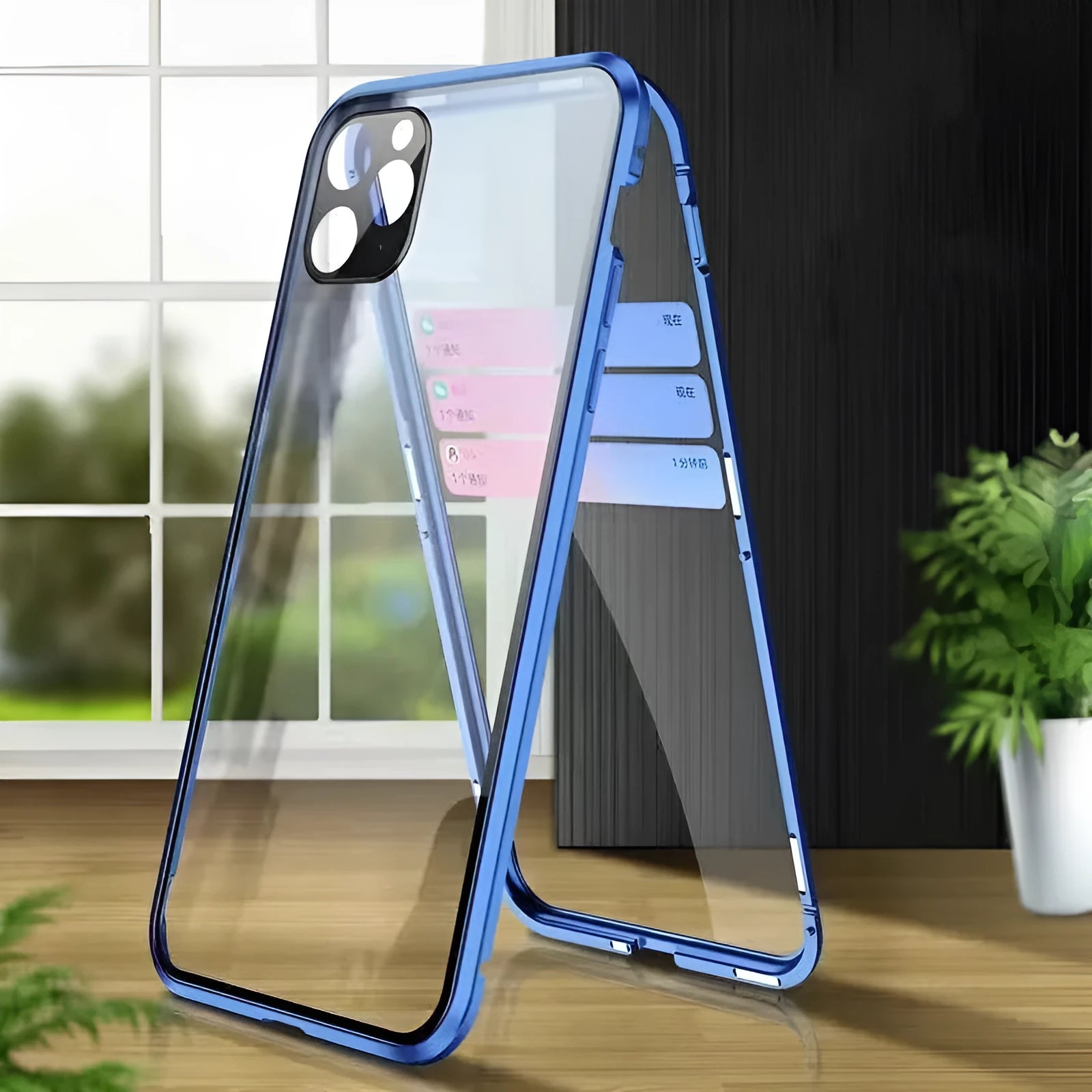 Double-sided glass magnetic phone case in black with metal frame for iPhone 12 Pro Max
