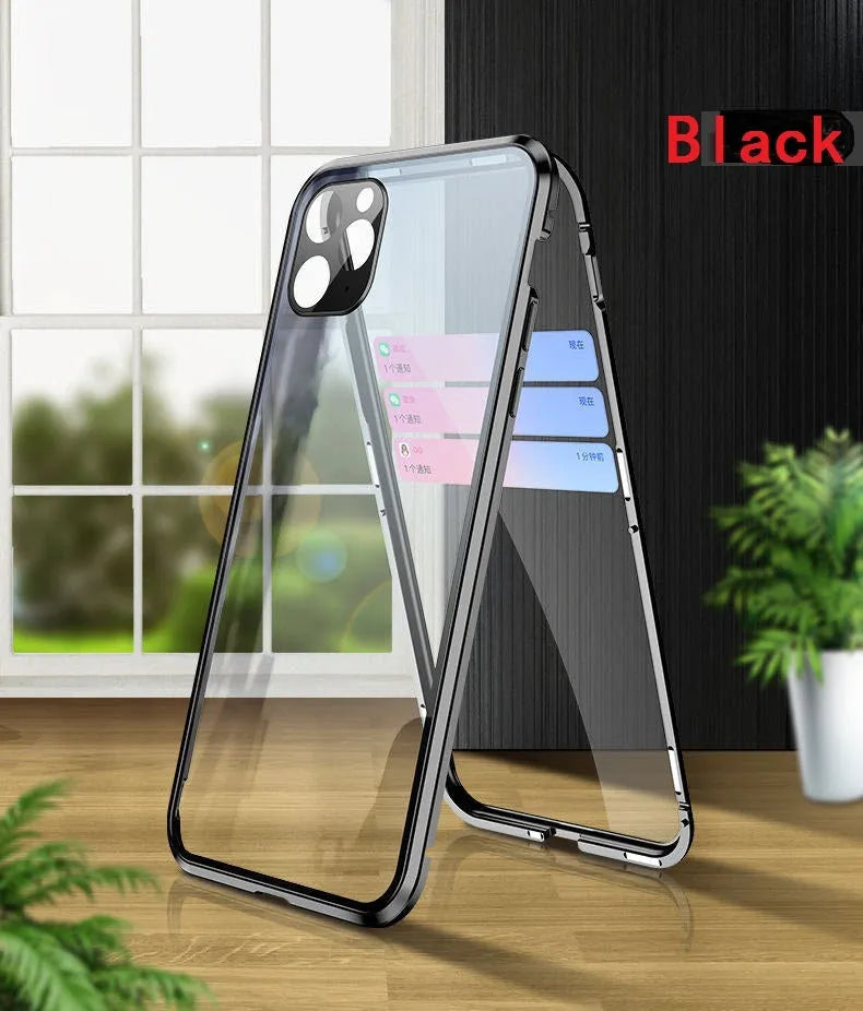 Double-sided glass magnetic phone case in black with metal frame for iPhone 12 Pro Max