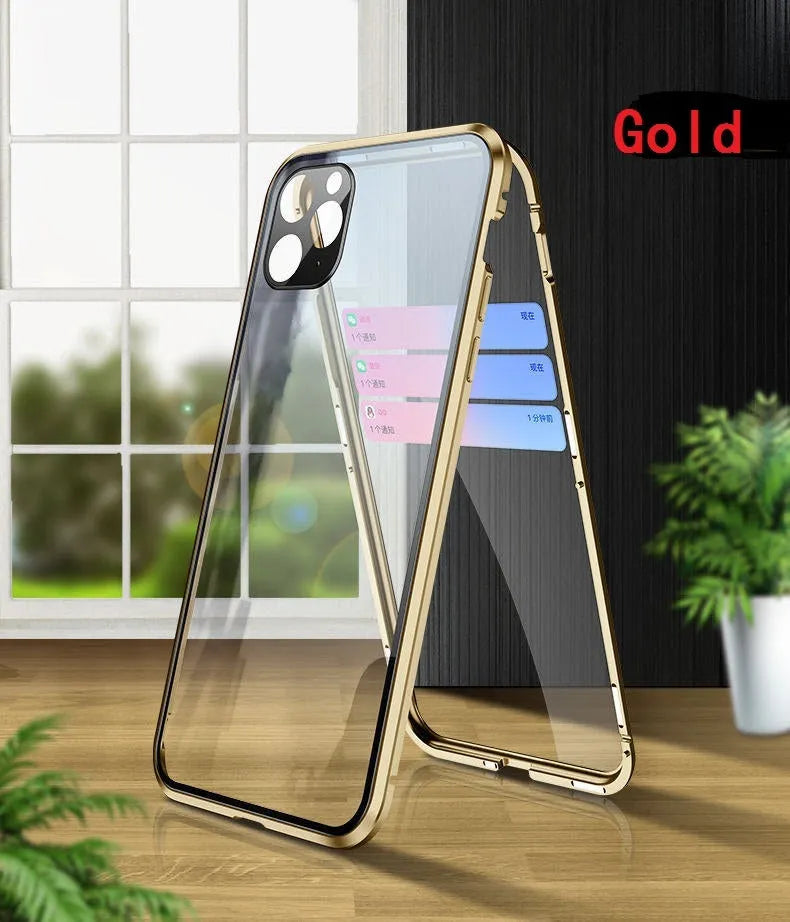 Double-sided glass magnetic phone case in black with metal frame for iPhone 12 Pro Max