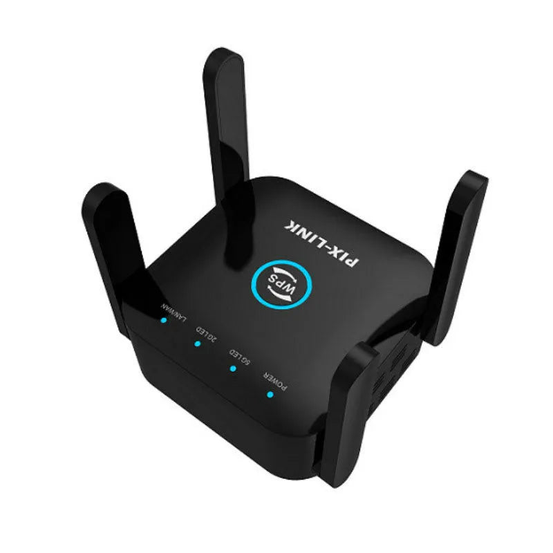 PIXLINK AC24 white and black dual-band wireless WiFi extender and router unit.